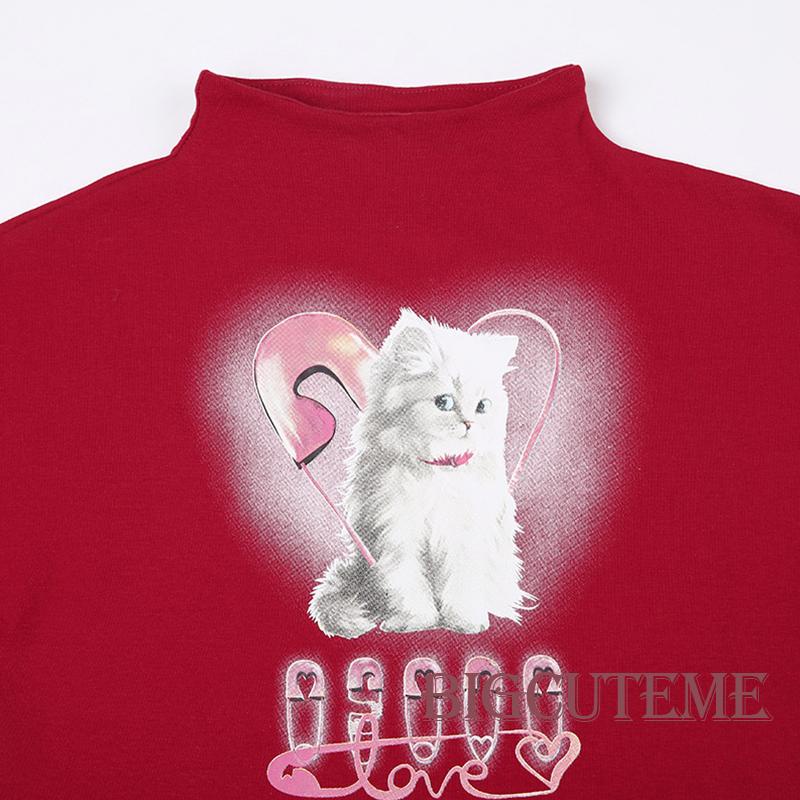 Áo Thun Lửng Tay Ngắn Cổ Cao In Hình Mèo Thời Trang Cho Nữ