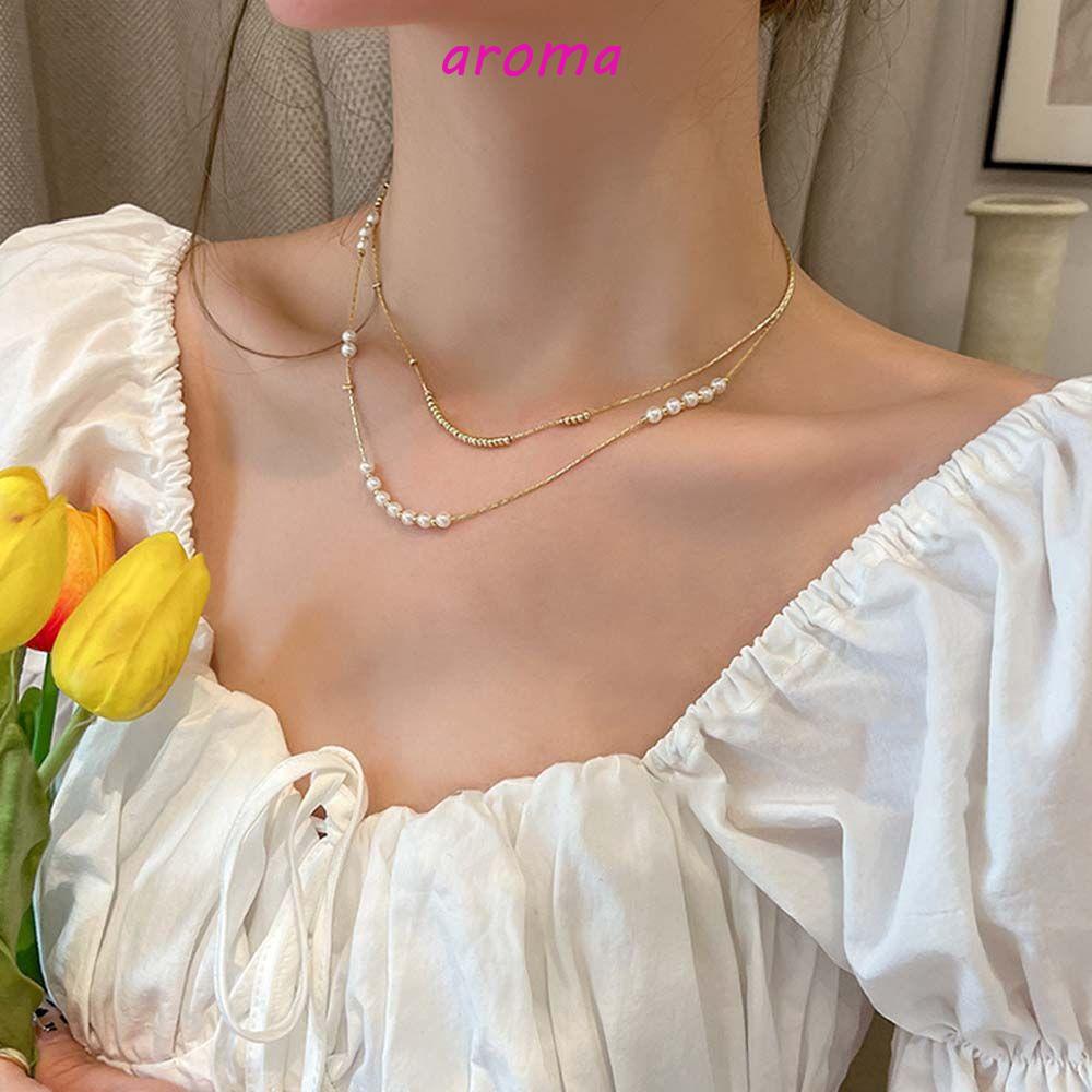 AROMA Vòng Cổ Choker Hai Lớp Đính Hạt Ngọt Ngào Thanh Lịch Phong Cách Hàn Quốc Cho Nữ