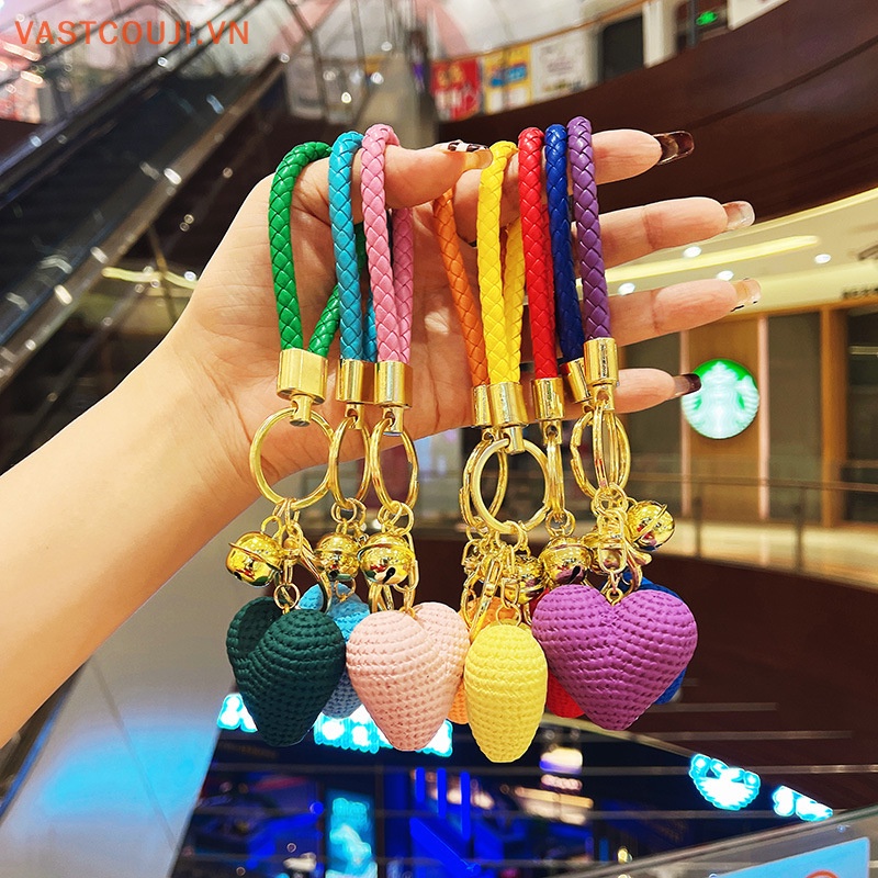 Móc Khóa Dây Da Bện Thủ Công Mặt Trái Tim Trang Trí