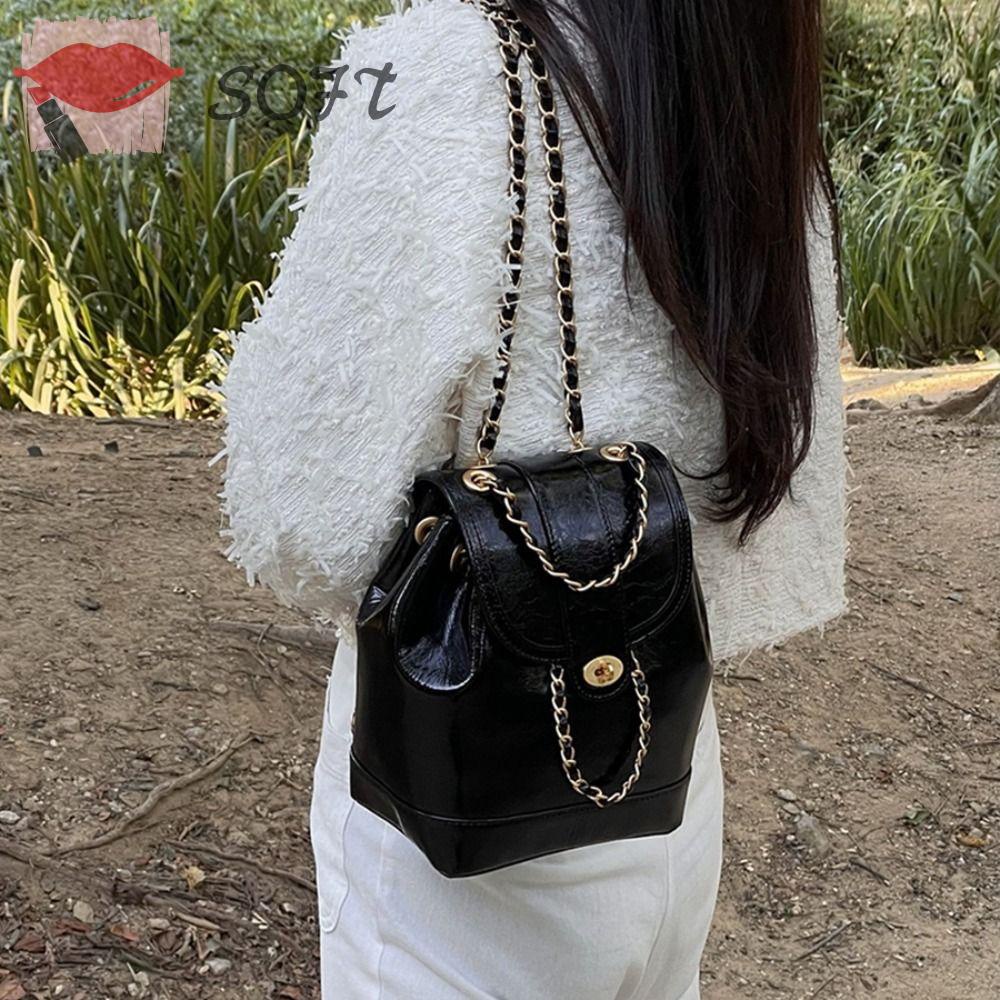 SOFTNESS Ba Lô Da Phối Dây Xích Thời Trang Thu Đông Cho Nữ