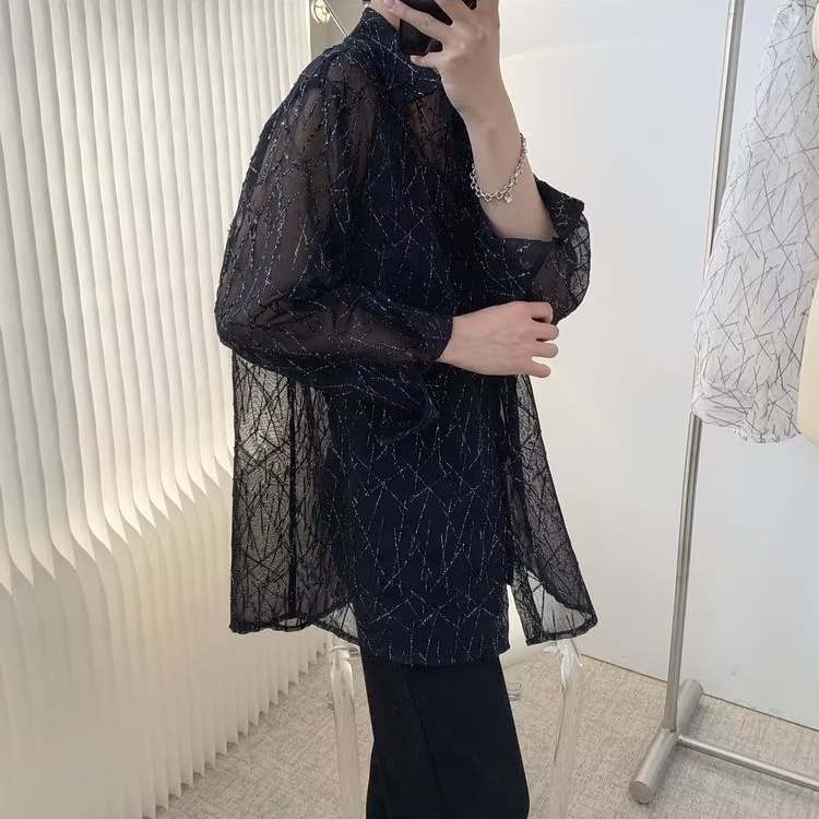 Acha and Agu Áo Sơ Mi Mỏng Dáng Rộng Tay Dài Kết Cấu Jacquard Thời Trang Mùa Hè Cao Cấp Giản Dị