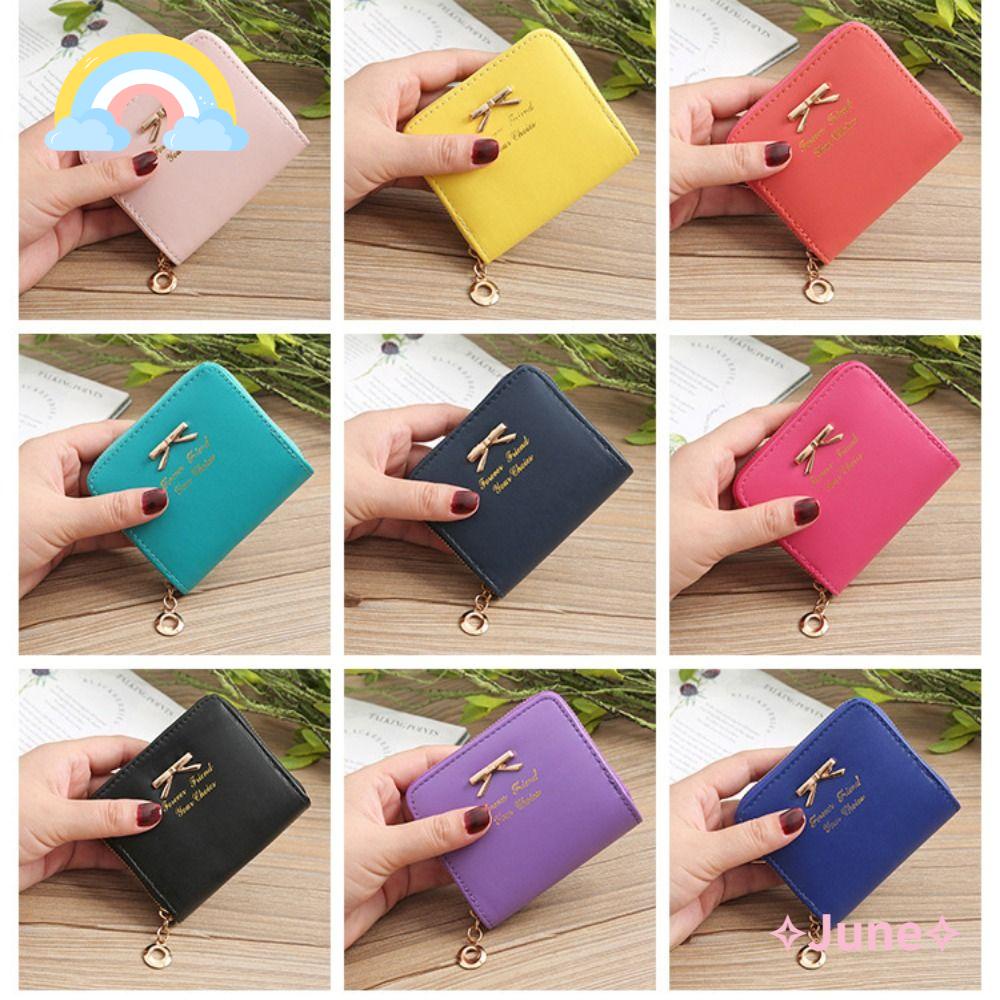 JUNE Ví Đựng Thẻ Mini Đính Nơ Phối Khóa Kéo Xinh Xắn Cho Nữ