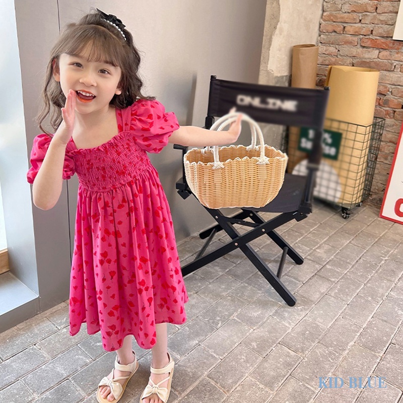 Đầm Tay Phồng Cổ Vuông Xếp Ly In Họa Tiết Thời Trang Mùa Hè Hàn Quốc Cho Nữ