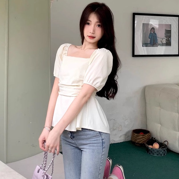 Áo Sơ Mi Ngắn Cổ Vuông Ôm Eo Phong Cách Pháp Thời Trang Cho Nữ