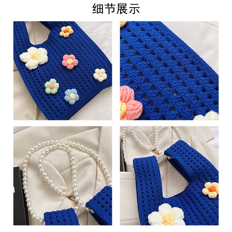 Túi Tote Đeo Vai Mùa Hè 2023 Bằng Vải Dệt Kim Phối Dây Xích Ngọc Trai Rỗng Xách Tay Cho Nữ