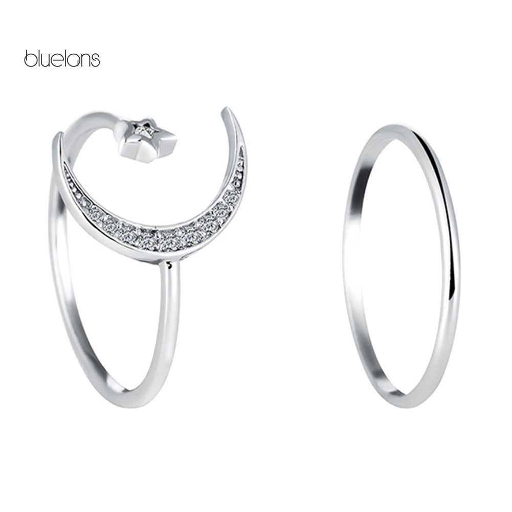 Set 2 Nhẫn Hở Hình Trăng Sao Đính Đá Thời Trang Cho Nữ