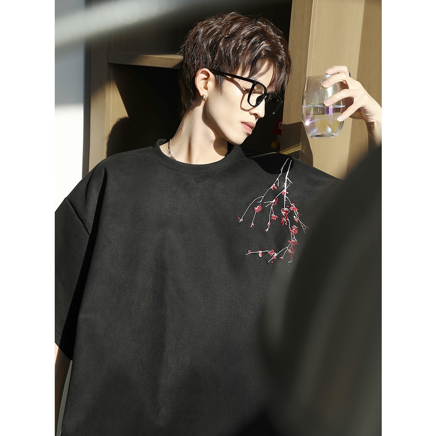 Áo Thun Da Lộn Ngắn Tay Thêu Họa Tiết Phong Cách Trung Hoa Thời Trang Mùa Hè Cho Nam