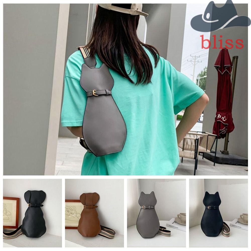 BLISS Túi Đeo Vai Bằng Da PU Màu Trơn Có Khóa Kéo Hình Mèo Hoạt Hình Sáng Tạo Cho Nữ