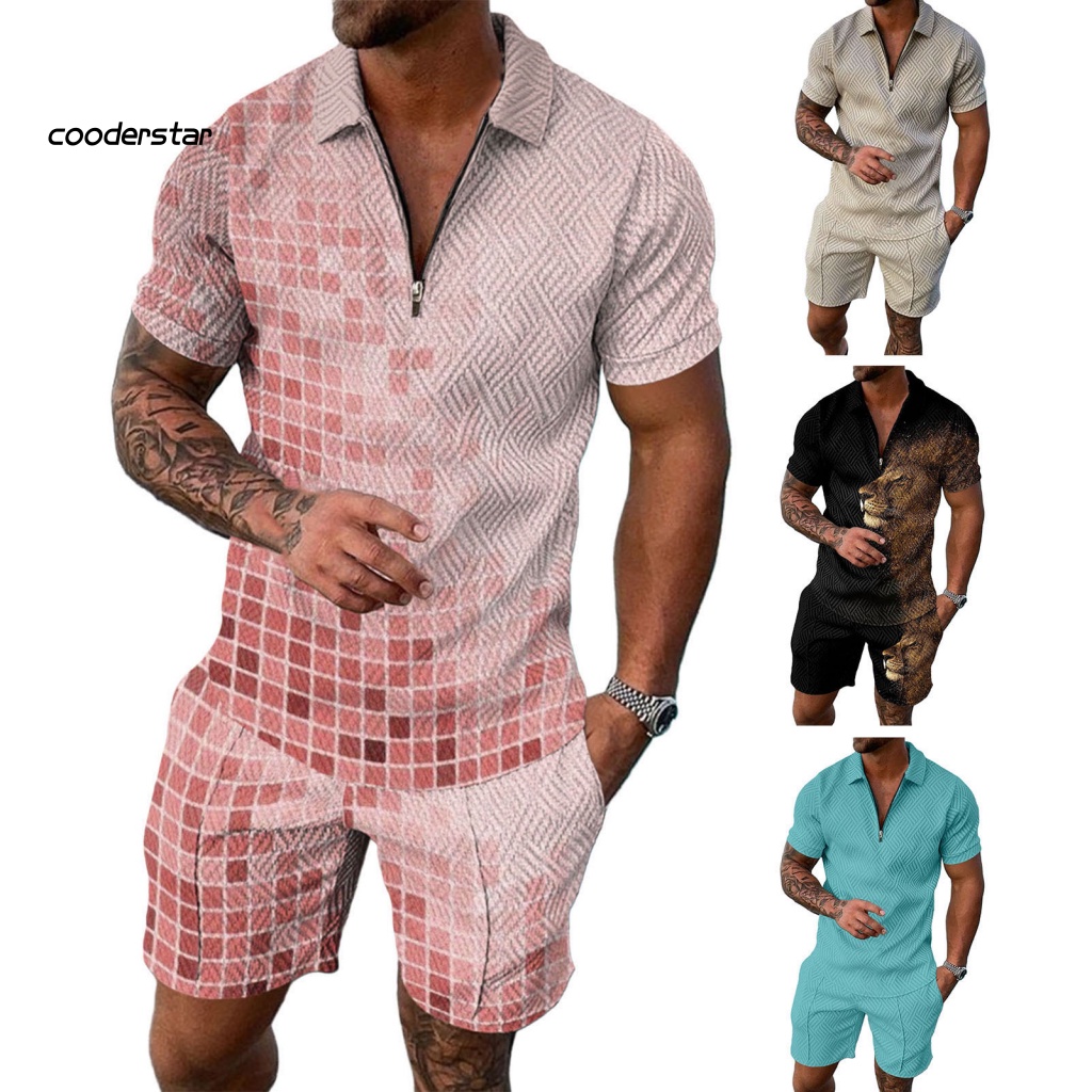 Bộ 2 Món Áo Thun Tay Ngắn + Quần Sooc Dáng Rộng Có Khóa Kéo Thời Trang Cho Nam