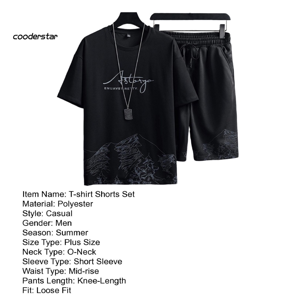 Set Đồ Thể Thao 2 Món Gồm Áo Thun Tay Ngắn Cổ Tròn + Quần Short Dáng Rộng Phối Dây Rút Co Giãn In Họa Tiết Núi