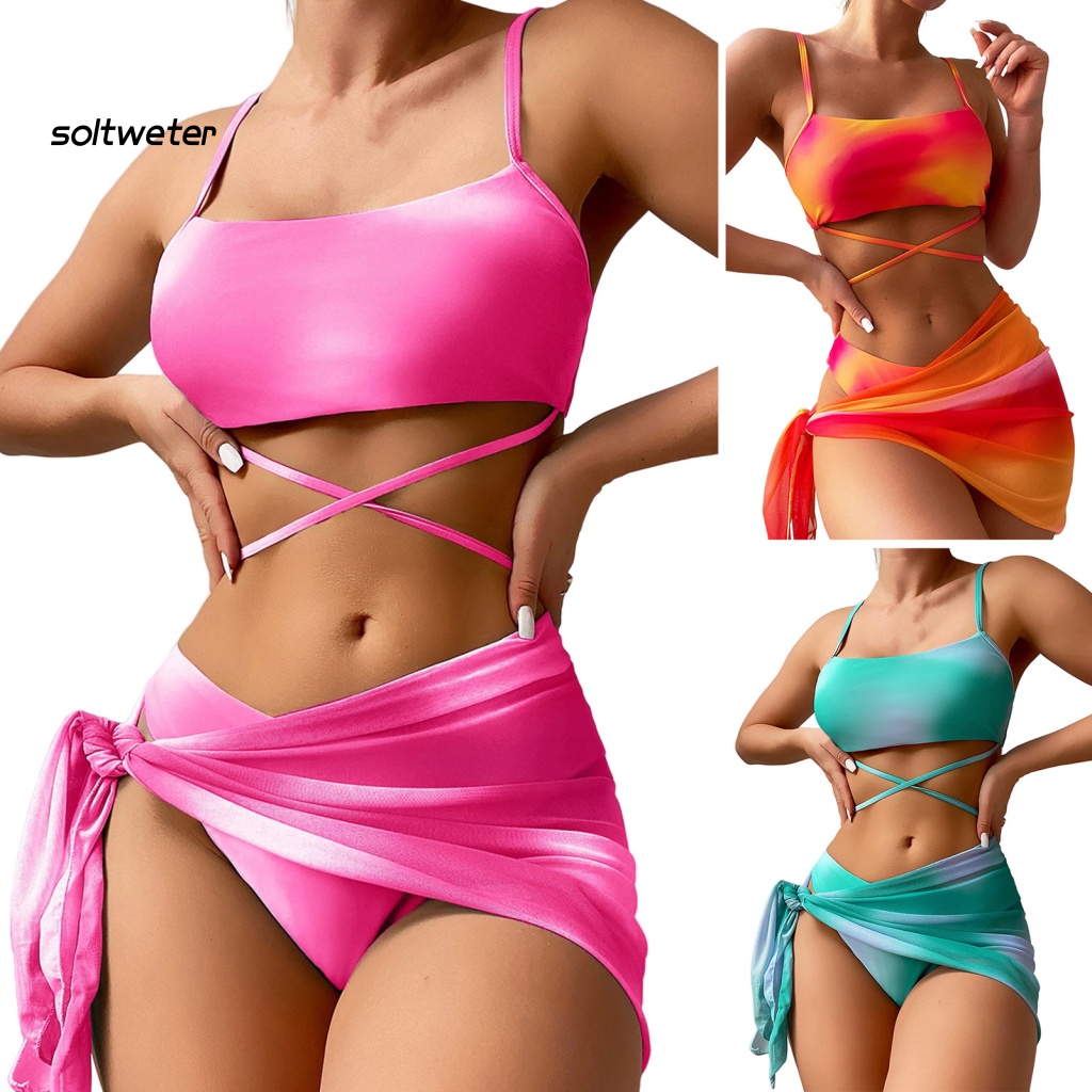 1 Bộ Đồ Bơi Bikini Ba Mảnh Không Gọng Có Mút Nâng Ngực Hở Lưng Nhuộm Màu Thời Trang Mùa Hè Cho Nữ