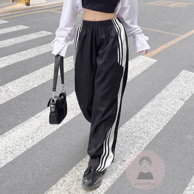Quần Dài Thể Thao Kẻ Sọc Ngang Eo Co Giãn Có Túi Bên Hông Cho Nữ