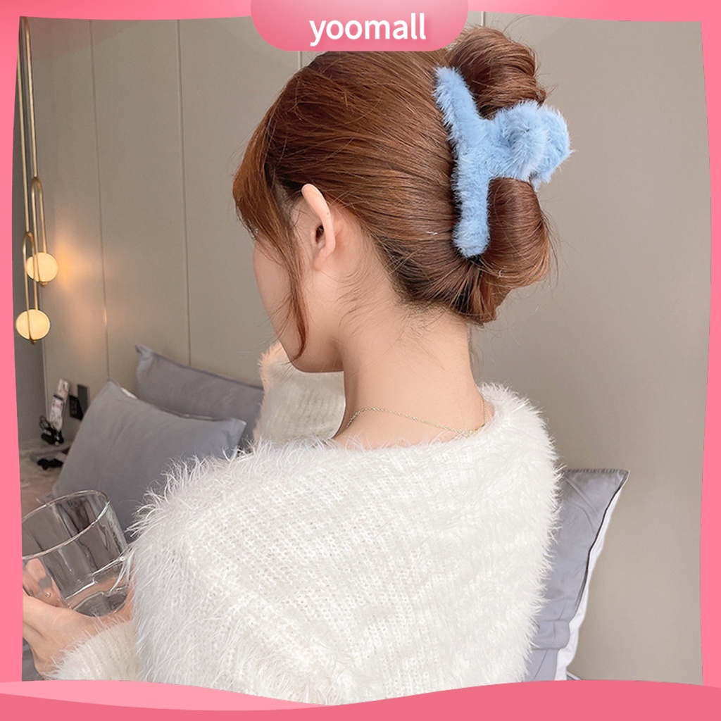 Kẹp Tóc Càng Cua Phủ Lông Màu Trơn Chống Trượt Thời Trang Thu Đông Cho Nữ