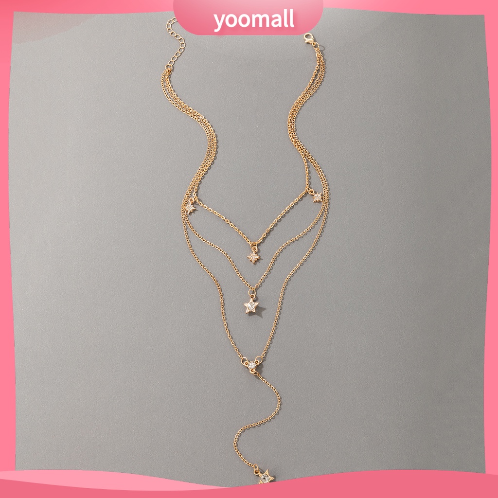 [YM] Vòng Cổ Choker Dài Nhiều Lớp Mặt Ngôi Sao Năm Cánh Đính Kim Cương Giả Cho Nữ Dating