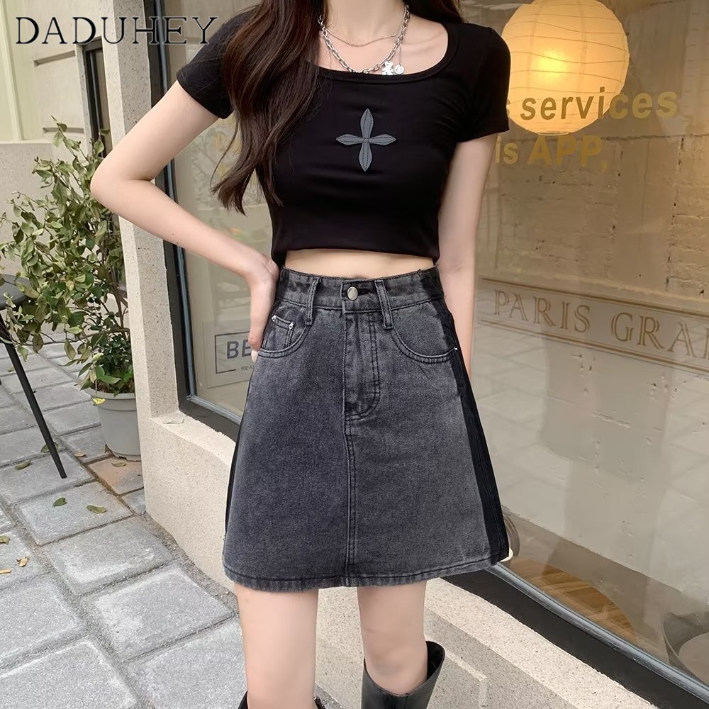 DaDuHey New American Ins High Street Thin Stitching Denim Skirt Niche High Waist A- line Skirt Bag Hip Skirt
