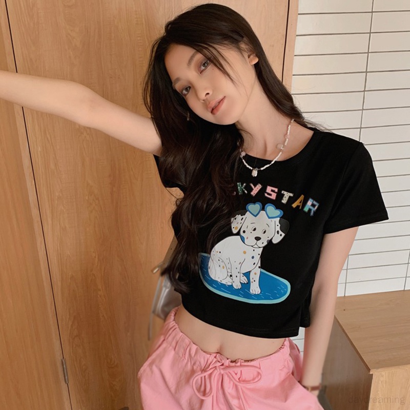 Áo Thun Croptop Tay Ngắn Cổ Tròn In Chữ Và Hình Chú Chó Dễ Thương Thời Trang Mùa Hè Phong Cách Hàn Quốc Cho Nữ