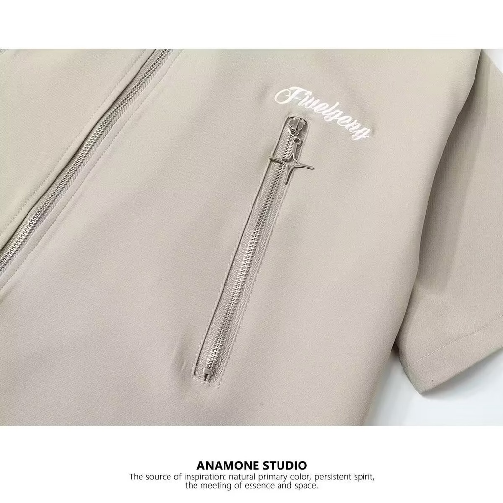 Áo Sơ Mi Tay Ngắn Dáng Rộng Có Khóa Kéo Màu Sắc Đơn Giản Thời Trang Mùa Hè Cho Nam Và Nữ