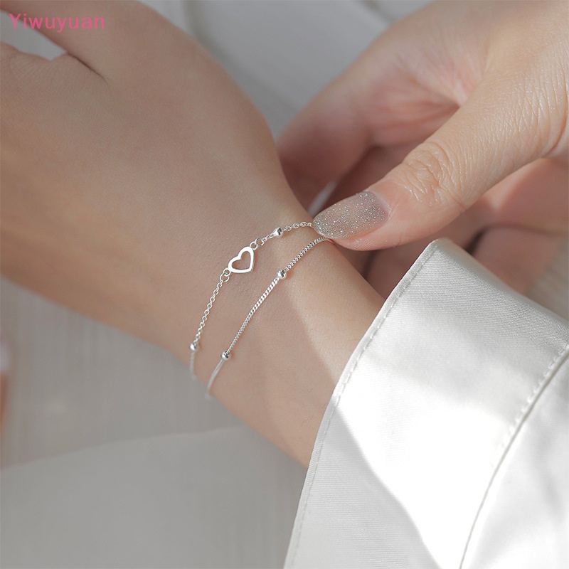 Vòng Tay Hai Lớp Họa Tiết Trái Tim Màu Bạc Thanh Lịch Cho Nữ