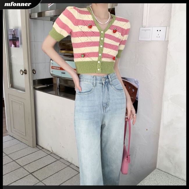 Áo Cardigan Dệt Kim Tay Ngắn Cổ Chữ V Kẻ Sọc Màu Sắc Tương Phản Thời Trang Mùa Hè Cho Nữ