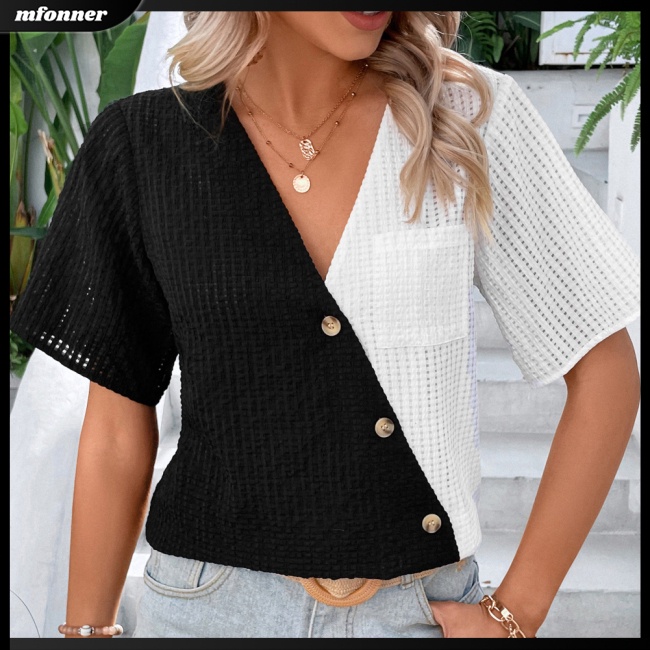 Áo Dệt Kim Tay Ngắn Cổ Chữ V Màu Sắc Tương Phản Thời Trang Cho Nữ