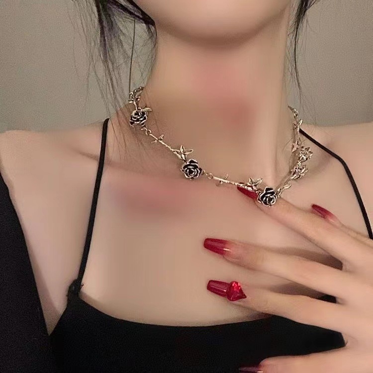 Vòng Cổ Choker Hình Hoa Trà Đen Phong Cách Retro Pháp