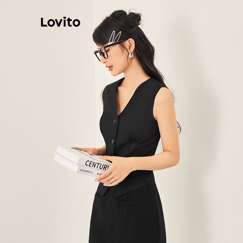 Áo Lovito cổ chữ V không tay màu trơn phối nút xẻ tà sau lưng phong cách thường ngày dành cho nữ L53AD021