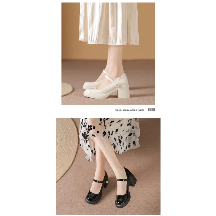 Giày Mary Jane Gót Cao Dày Mũi Tròn Đính Ngọc Trai Phong Cách Thời Trang Mới 2023