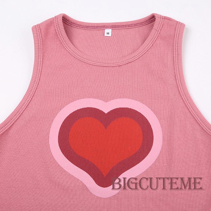 Áo Croptop Sát Nách Cổ Tròn Dáng Ôm In Họa Tiết Trái Tim Ngọt Ngào Thời Trang Mùa Hè Cho Nữ