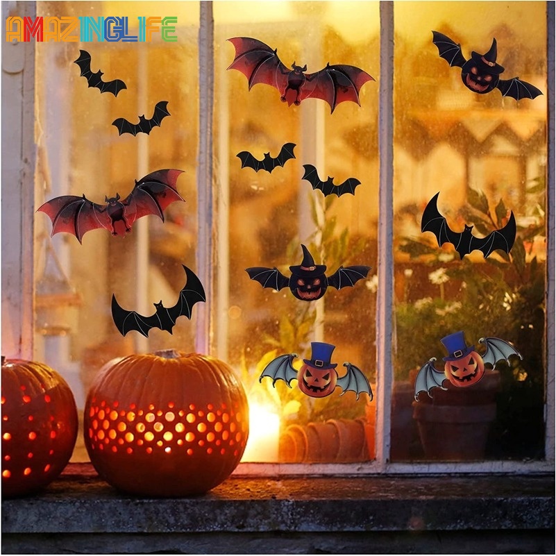 Bộ 12 Miếng Dán Tường / Cửa Sổ Chống Nước Hình Dơi / Bí Ngô 3D Trang Trí Halloween