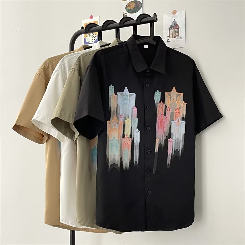 Áo Sơ Mi Ngắn Tay Cổ Đứng Họa Tiết Ngôi Sao Năm Cánh Phong Cách Đường Phố Mỹ Thời Trang Mùa Hè Cho Nam
