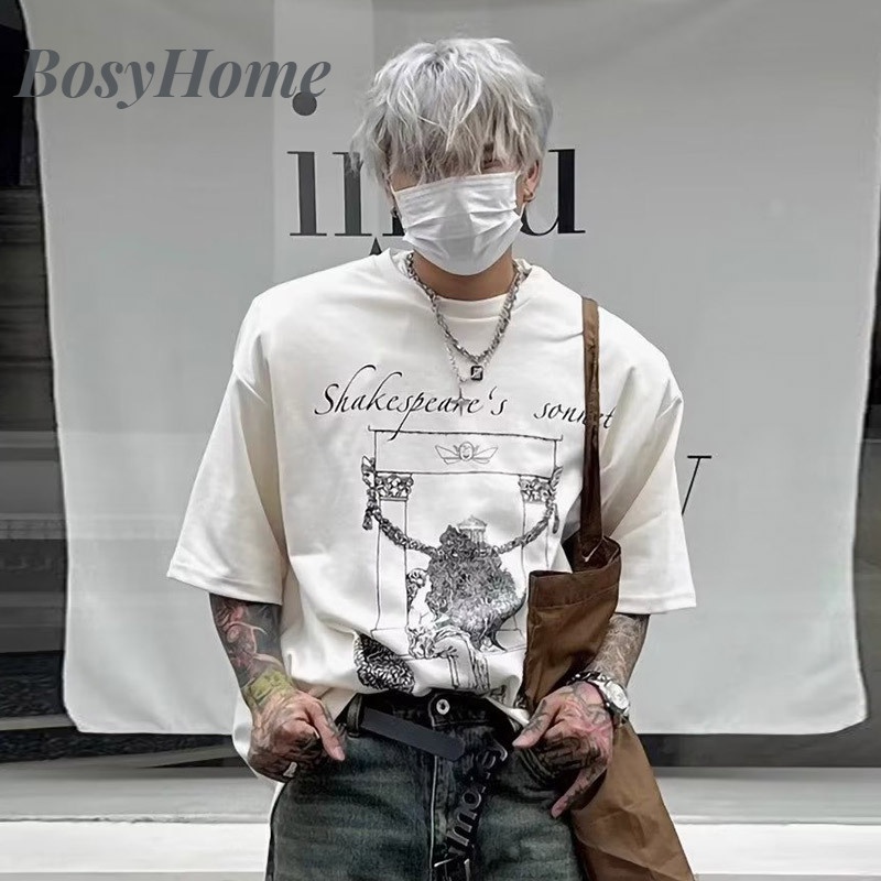 Yazhiniao Áo Thun cotton Ngắn Tay Form Rộng Phong Cách retro Thời Trang Dành Cho Nam