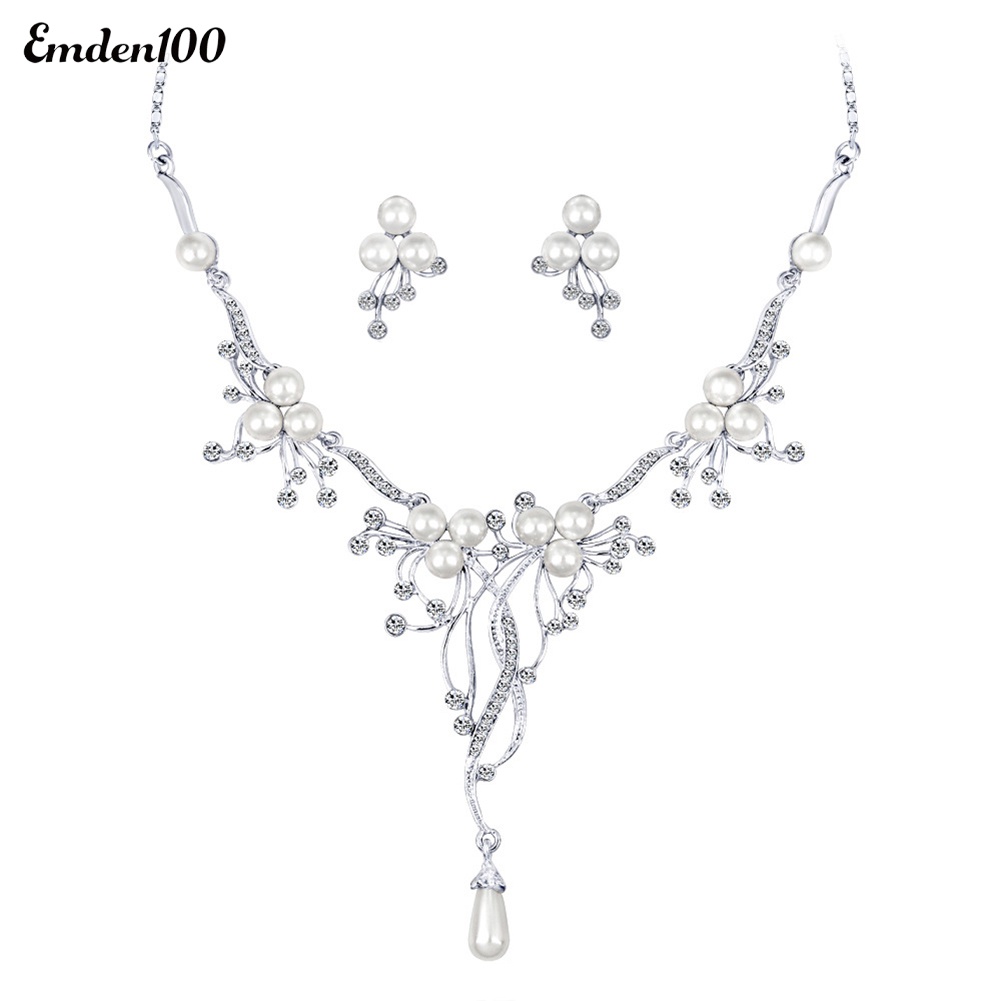 Bộ Vòng cổ + Bông Tai Đính Đá &amp; Ngọc Trai Nhân Tạo Hình Hoa Cho Nữ