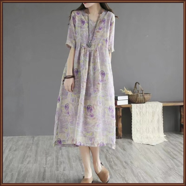 Đầm Midi Tay Ngắn Eo Cao In Họa Tiết Hoa Phong Cách Dân Tộc Cổ Điển Thời Trang Mùa Hè Cho Nữ