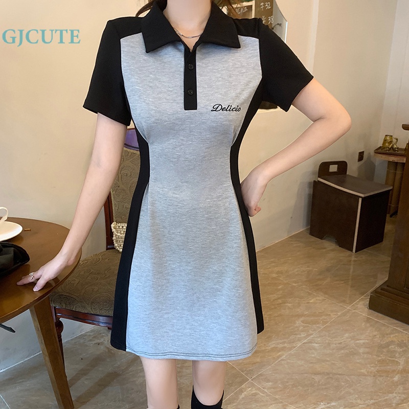 Đầm Ngắn Dáng Chữ A Cổ Bẻ Phối Màu Thời Trang Mùa Hè Xinh Xắn Cho Nữ