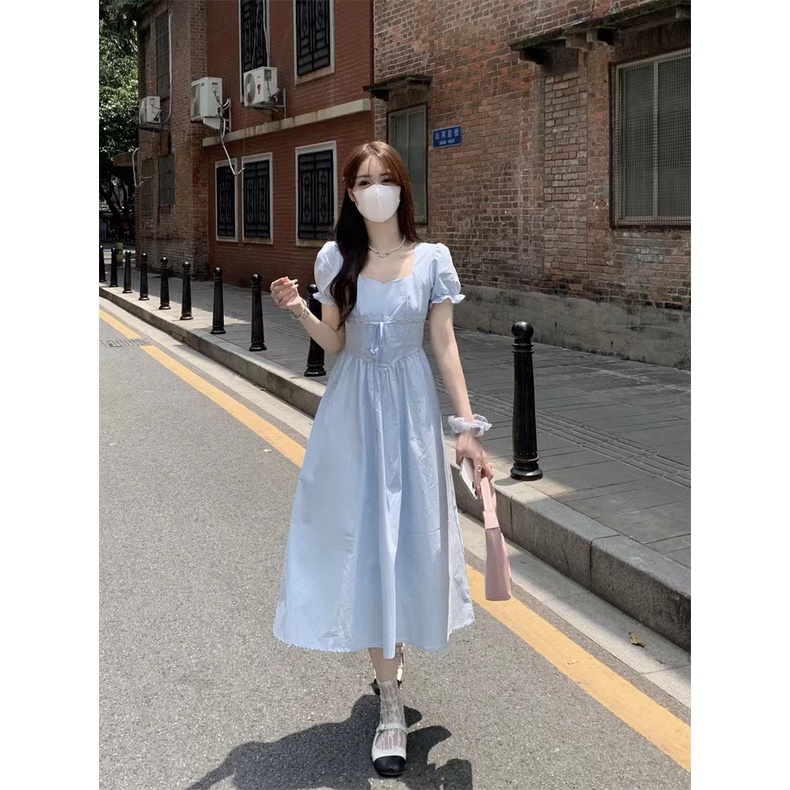 Đầm midi Cổ Vuông Tay Phồng Màu Xanh Dương Thanh Lịch Quyến Rũ Phong Cách Hàn Quốc Cho Nữ