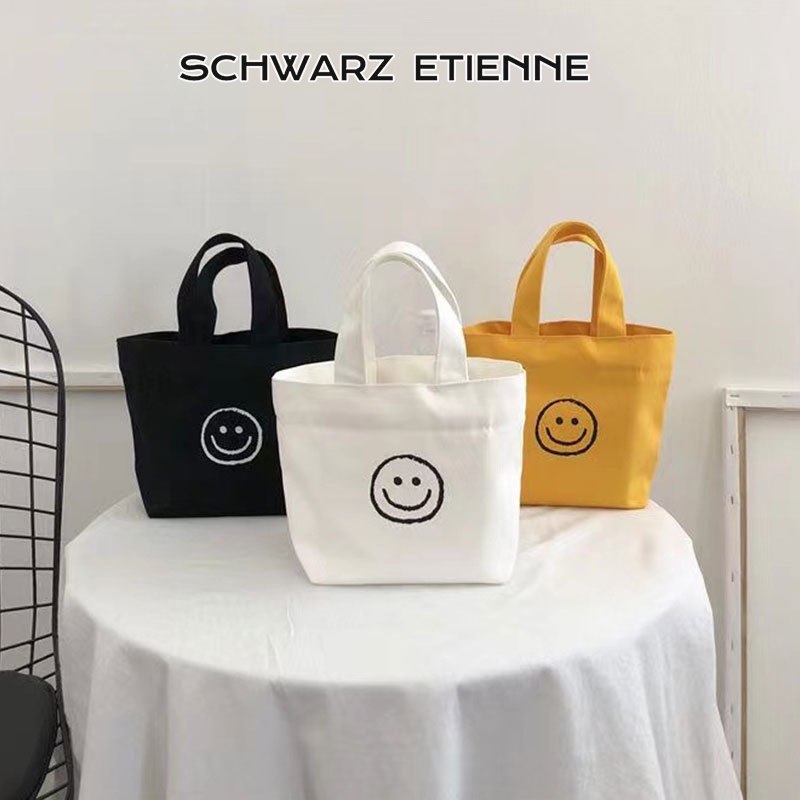 Schwarz ETIENNE Túi Tote Vải canvas Mini In Hình Mặt Cười Dễ Thương Phong Cách Hàn Quốc Cho Học Sinh