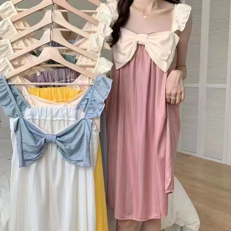 Đầm Ngủ Hai Dây Phối Bèo Đính Nơ To Dễ Thương Thời Trang Mùa Hè Cho Bạn Gái