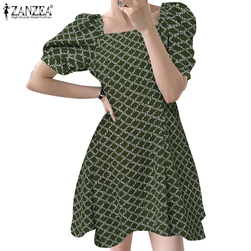 ZANZEA Đầm Cổ Vuông Tay Phồng In Họa Tiết Thời Trang Hàn Quốc Cho Nữ