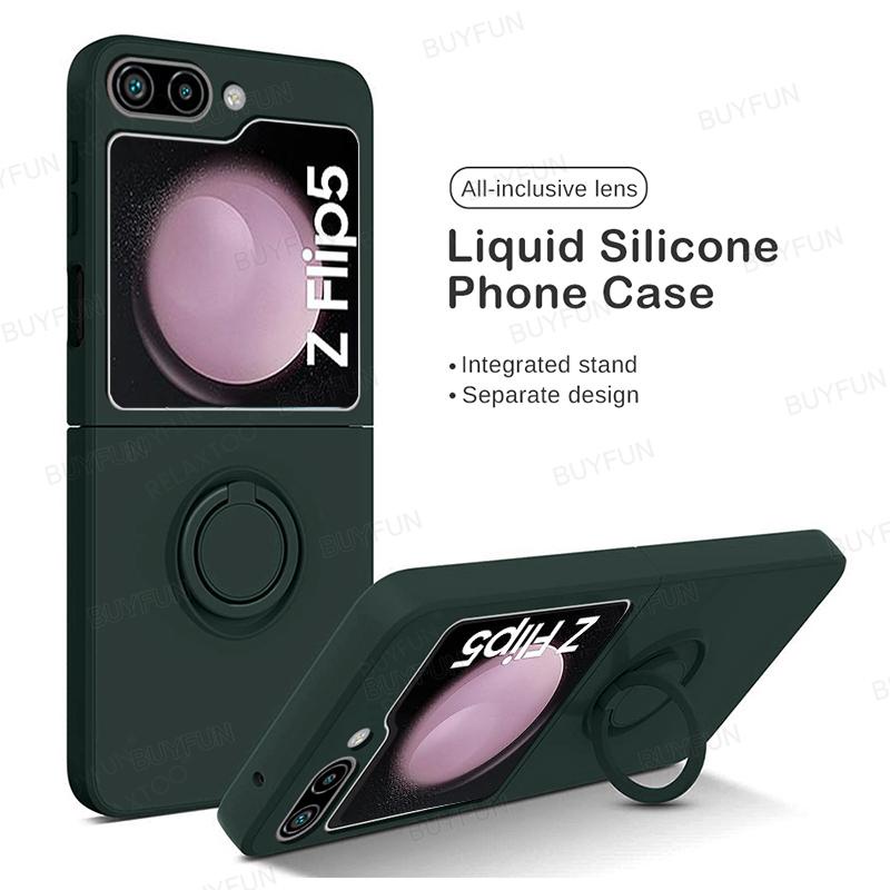 For Samsung Z Flip 5 flip5 5G Liquid Silicone Holder Cover Stand Ring Shell With Lanyard
