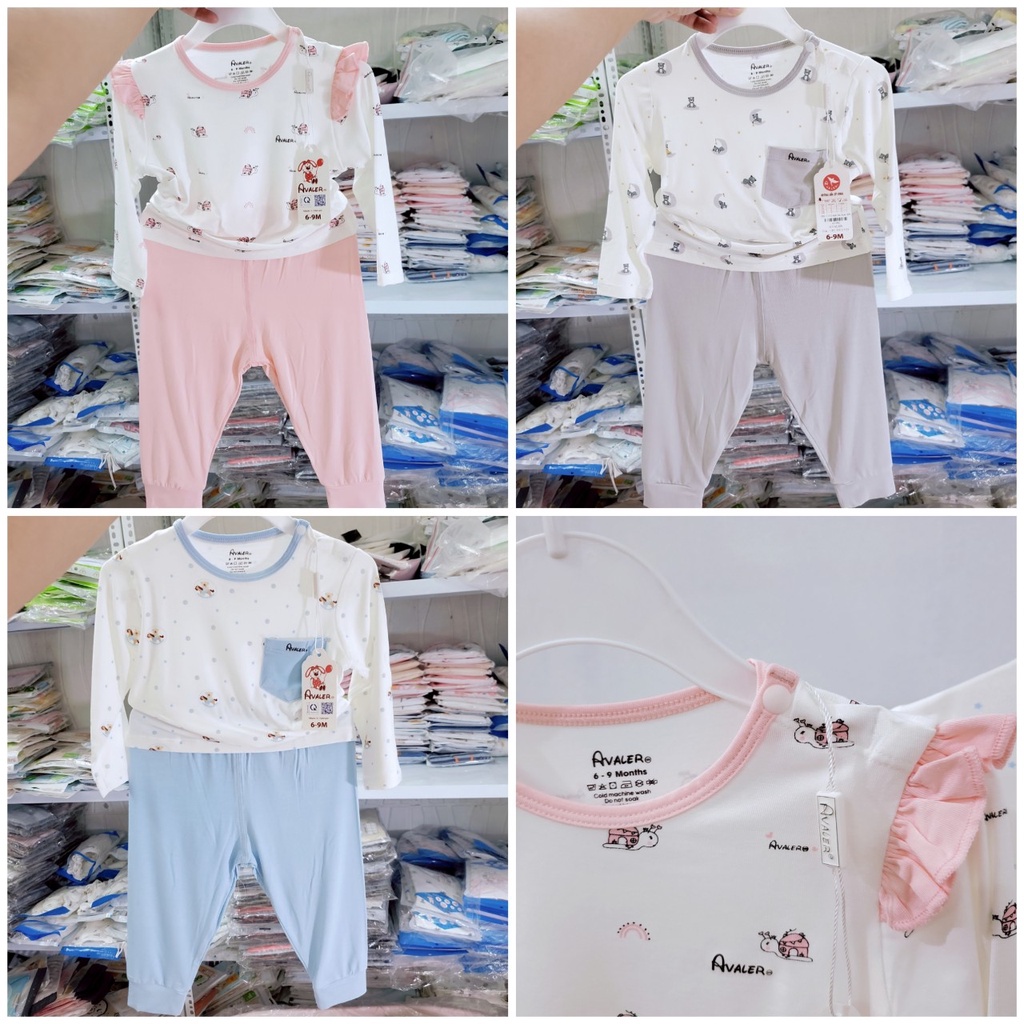Bộ quần áo dài tay điều hòa Avaler cúc vai vải sợi tre mỏng siêu mềm mát mùa thu bé trai bé gái 6 tháng - 4 tuổi