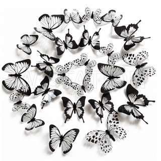 Set 24 miếng dán tường trang trí hình bướm 3D màu trắng đen DIY