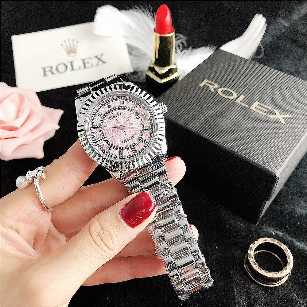 Đồng Hồ Rolex Mặt Tròn Đính Kim Cương Dây Da Thép Không Gỉ Thời Trang Cho Cặp Đôi