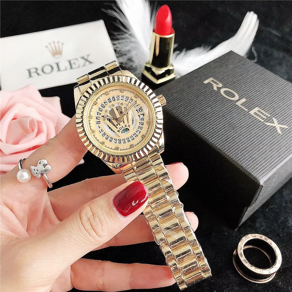 Đồng Hồ Rolex Mặt Tròn Đính Kim Cương Dây Da Thép Không Gỉ Thời Trang Cho Cặp Đôi