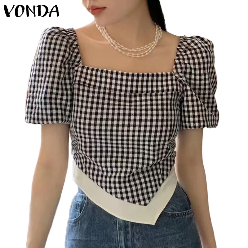 Áo Kiểu Tay Ngắn Phồng Cổ Vuông Phối Màu Sắc Tương Phản Phong Cách Hàn Quốc Thời Trang Cho Nữ