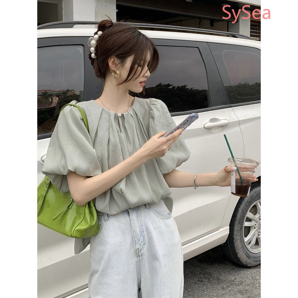 Áo sơ mi nữ tay phồng cổ tròn mùa hè