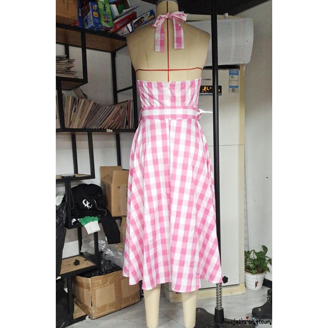 Nfashion-women ́s dễ thương barbie màu hồng kẻ sọc dây cổ váy midi ôm vừa vặn
