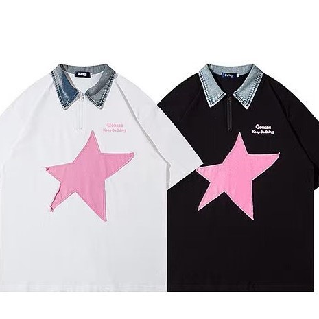 Beicsong national trendy thiết kế ban đầu denim ve áo polo nam nữ ins street wear star patch design