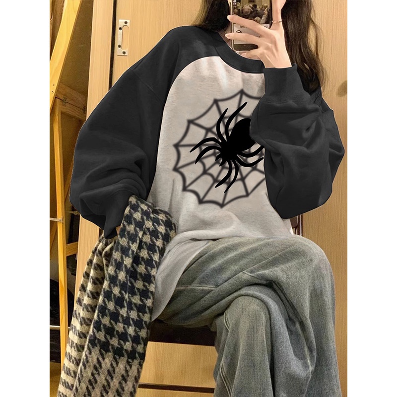 100% cotton 2023 hàn quốc thu đông mới vai in ghép nối dài tay t-shirt nữ hàng đầu