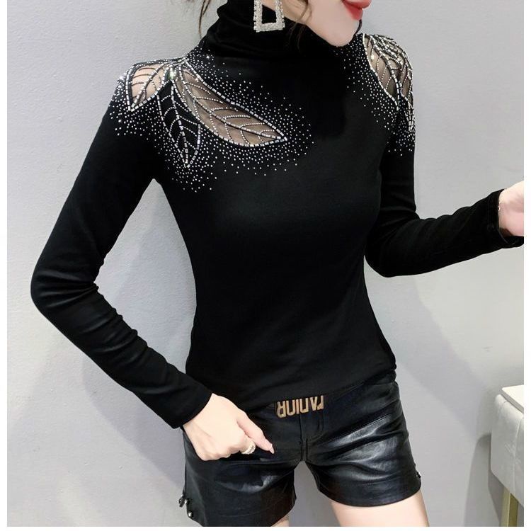 Áo Thun Tay Dài Cổ Cao Phối Ren Đính Đá Thời Trang Xuân Thu Quyến Rũ Cho Nữ