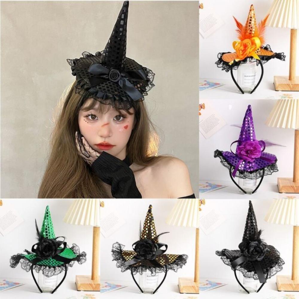 Simpleshop1 vòng cài tóc, mũ phù thủy bằng vải ren sequins, băng đô trang trí tiệc hoạt hình halloween